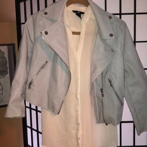 White button down blouse, with blue cropped jacket
